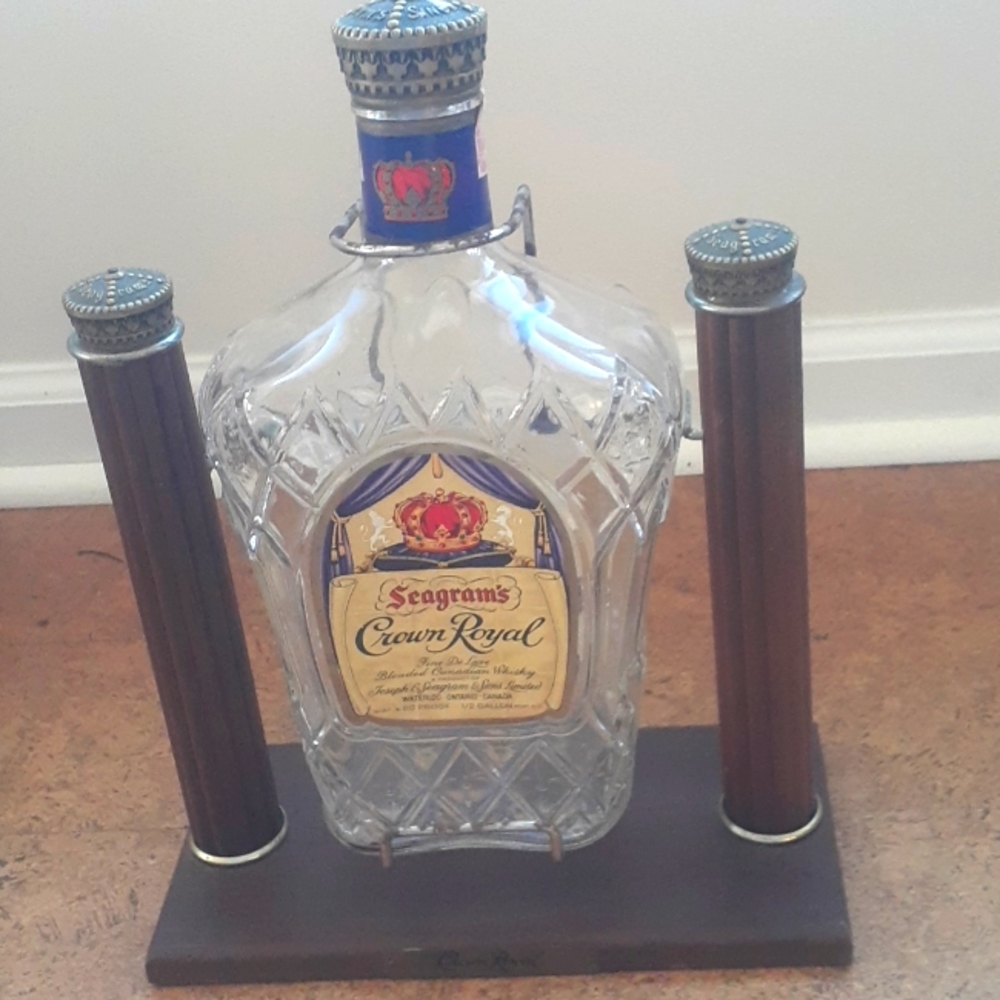 Vintage Seagram's Royal Crown 1/2 Gal. bottle and pouring stand.